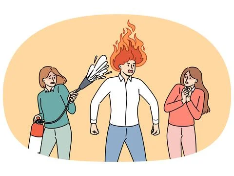 Aggressive man with flame on head stands near frightened colleagues with fire Stock Illustration