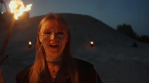 Aggressive Ritual Dance With Fire, Portrait Of Attractive Passionate Woman With Stock Footage 253982264