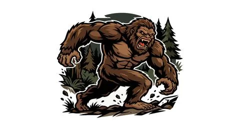 Aggressive sasquatch creature walking through a dense pine forest with sasq.. Stock Illustration