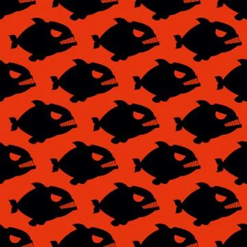 Aggressive seamless pattern from Piranha. Fish silhouettes with large teeth o Stock Illustration