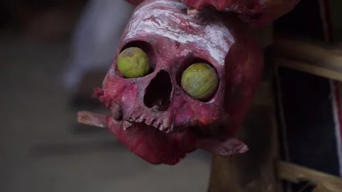 Aghori post-mortem ceremony ritual painted red skull close-up 库存影片 284632420