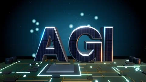AGI Artificial General Intelligence 3D Text with Neural Network on Circuit Board Stock Illustration