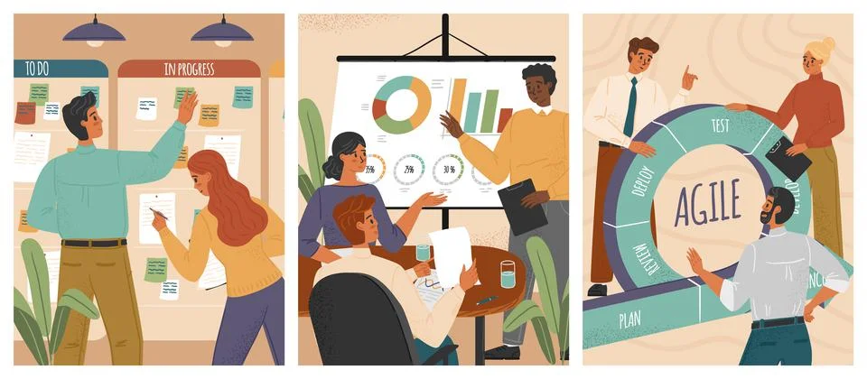 Agile development concept vector posters set. Team work, kanban board, scrum イラスト素材