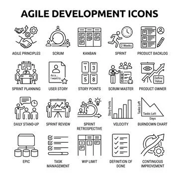 Agile development icons set with team collaboration, project management, an.. Stock Illustration