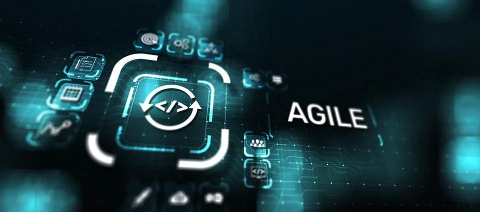 Agile development methodology concept on virtual screen. Technology concept Illustrazione stock
