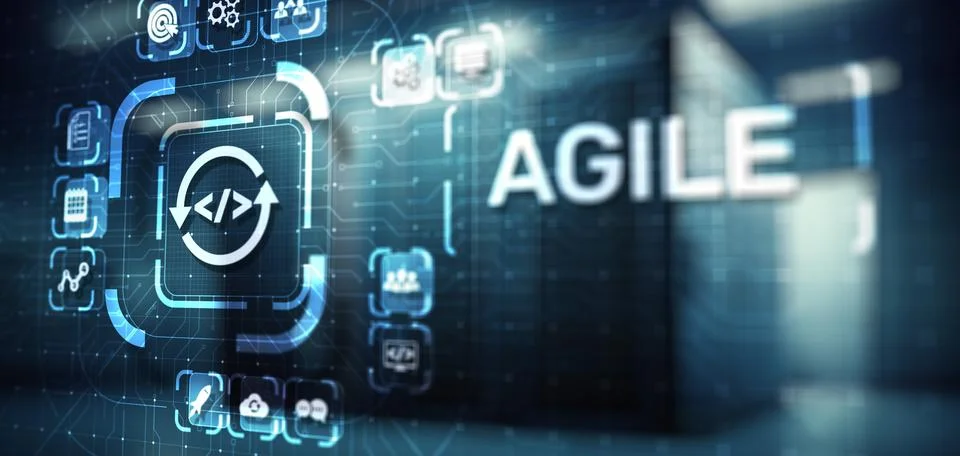 Agile development methodology concept on virtual screen. Technology concept. Stock Illustration