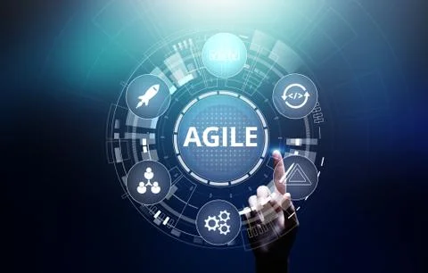 Agile development methodology concept on virtual screen. Technology concept. 스톡 사진
