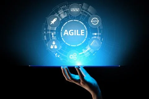 Agile development methodology concept on virtual screen. Technology concept. 스톡 사진