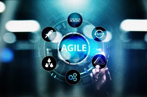 Agile development methodology concept on virtual screen. Technology concept. Foto stock