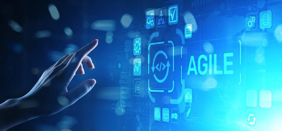 Agile development methodology concept on virtual screen. Technology concept. 스톡 사진