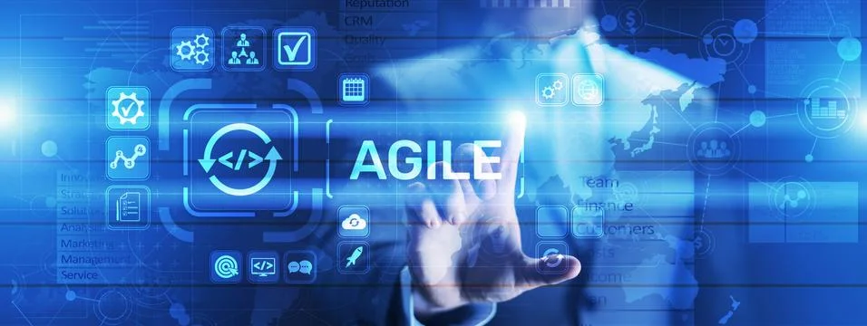 Agile development methodology concept on virtual screen. Technology concept. Foto stock