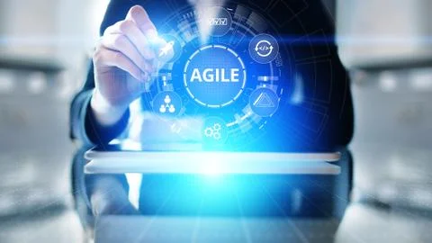 Agile development methodology concept on virtual screen. Technology concept. 스톡 사진
