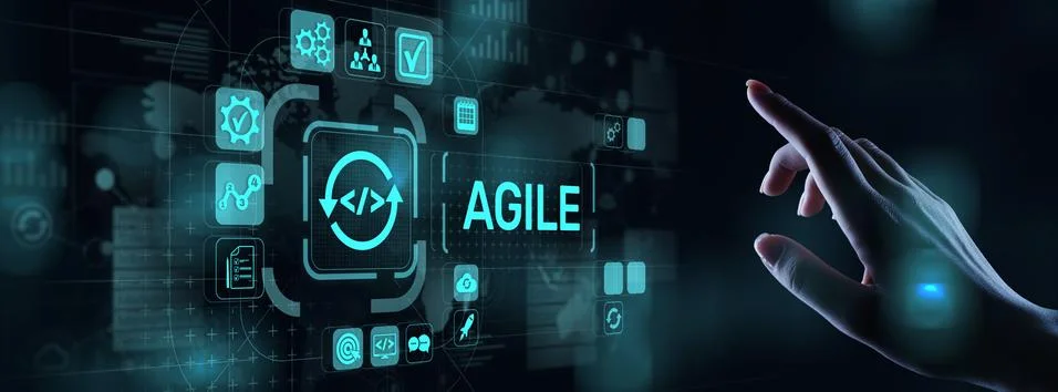 Agile development methodology concept on virtual screen. Technology concept. Stockfoto's