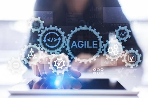 Agile development methodology concept on virtual screen. Technology concept. Foto stock
