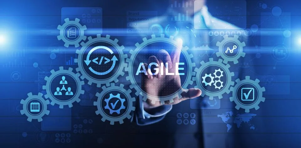 Agile development methodology concept on virtual screen. Technology concept. 스톡 사진