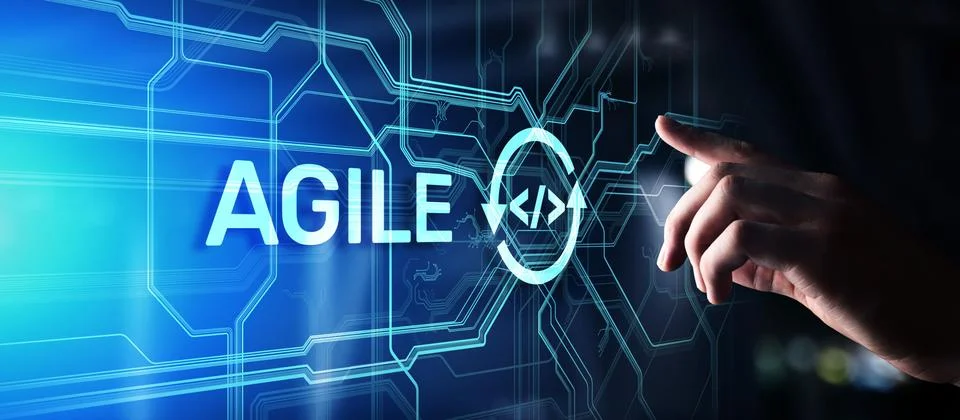 Agile development methodology concept on virtual screen. Technology concept. Foto stock