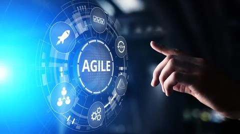 Agile development methodology concept on virtual screen. Technology concept. 스톡 사진