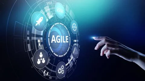 Agile development methodology concept on virtual screen. Technology concept Foto stock