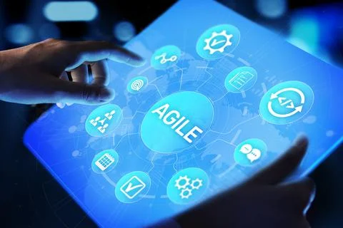 Agile development methodology concept on virtual screen. Technology concept Stock Photos