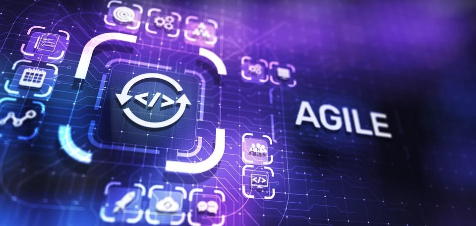 Agile development methodology concept on virtual screen. Technology concept. 스톡 사진