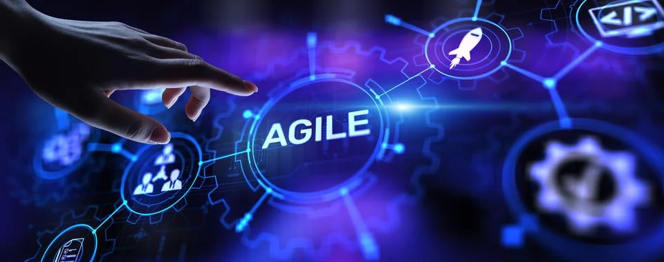 Agile development methodology concept on virtual screen. Technology concept. 스톡 사진