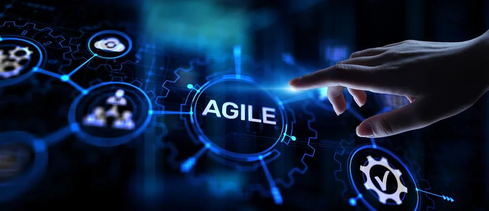 Agile development methodology concept on virtual screen. Technology concept. Foto stock