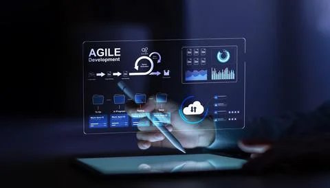 Agile development workflow for managing project tasks and software product re Stockfoto's