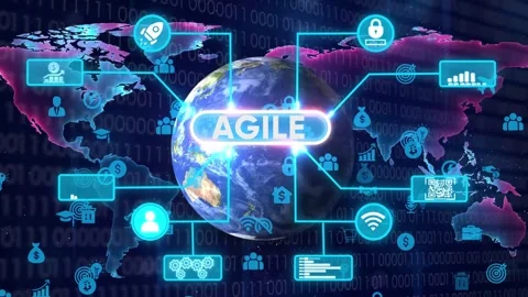 Agile development on world map digital technology Stock Footage 327761449