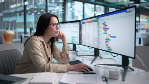 Agile Manager Reviews Project Schedule On Computer Stock Footage 339175604