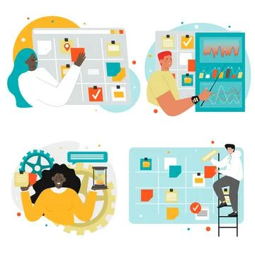 Agile software development characters, vector illustration. kanban task board Stock Illustration
