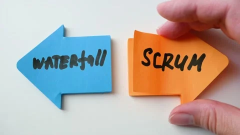 Agile vs waterfall, two arrows in opposite directions as a difference in appr Video stock 203788320