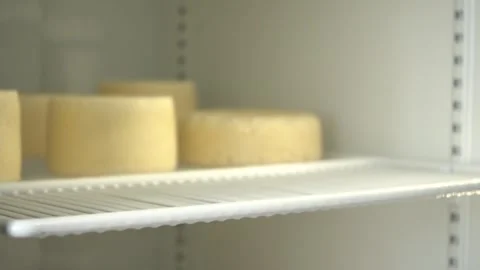 Aging Cheese Wheels on Shelves in a Controlled Environment, essential for Stock Footage 280578582