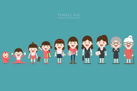 Aging concept of female characters. Stock Illustration