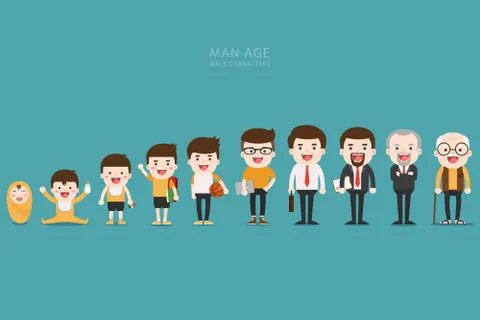 Aging concept of male characters, the cycle of life from childhood to old age Stock Illustration