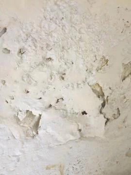 Aging White Interior Wall with Peeling Paint and Bubbling Surface Texture. Stock Photos