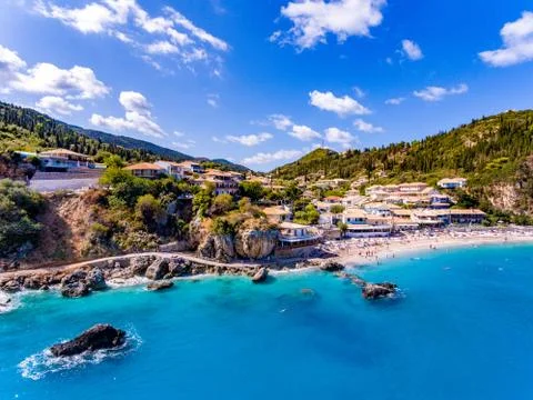 Agios Nikitas beach in Lefkada panoramic view from the sea in the summer Stock Photos