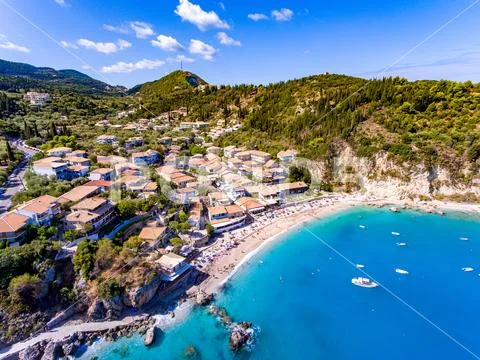 Agios Nikitas town and Beach in Lefkada one of the main tourist attractions o Stock Photos