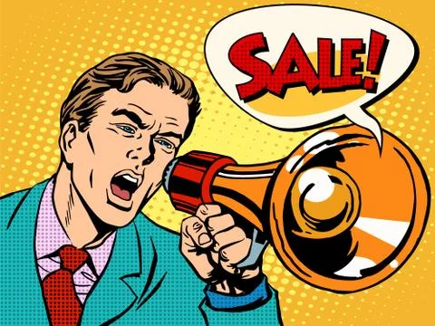 Agitator with megaphone announces sale Stock Illustration