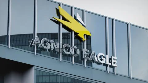 Agnico Eagle Mines Stock data presented on the logo of the office facade Stock Photos