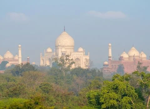 Agra, India, 20.02.2020. White marble mausoleum viewed through green trees Stock Photos