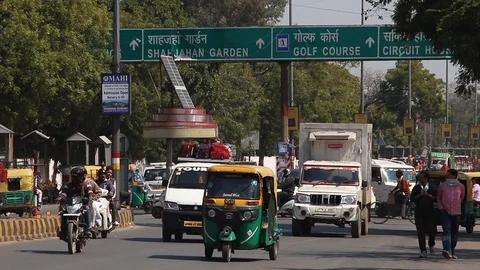 Agra, India - Circa march 2019. Road traffic on the crowded streets of Agra. Stock Footage 124655283