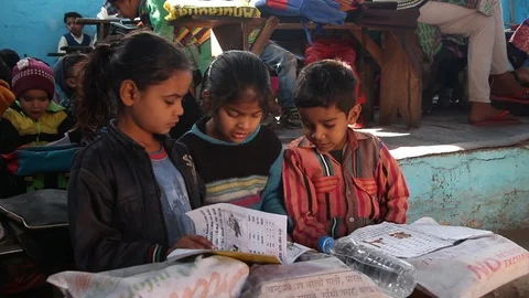 Agra, India - Circa march, 2019. Indian kids studing in local primary school. Stock Footage 124655433