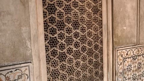 Agra, India: Marble Jali Window in Mughal Tomb Stock Footage 305163194