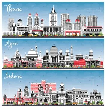 Agra, Indore and Thane India City Skylines Set with Color Buildings and Blue  Ilustración de archivo