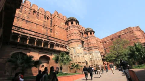 Agra Red Fort gate and tourists  Stock Footage 24657544