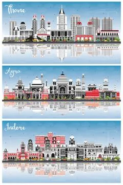 Agra, Thane and Indore India City Skylines Set with Color Buildings, Blue Sky Ilustración de archivo