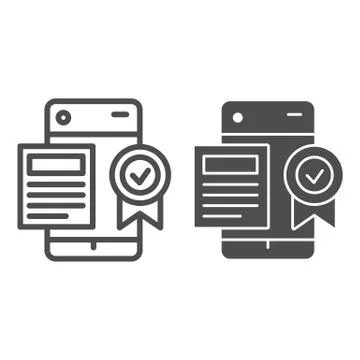 Agreement document line and solid icon. Certificate and award in mobile phone Illustrazione stock