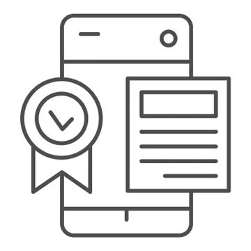 Agreement document thin line icon. Certificate and award in mobile phone symbol Illustrazione stock