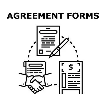 Agreement forms process with handshake and financial document Stock Illustration