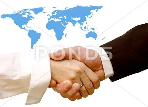 Agreement handshake. world map in the background, conceptual Stock Illustration